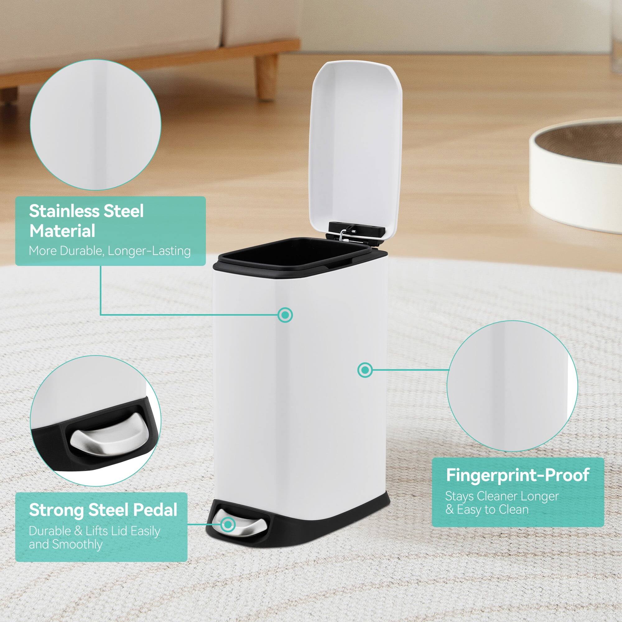 Stainless Steel Material  
More Durable, Longer-Lasting  

Strong Steel Pedal  
Durable & Lifts Lid Easily and Smoothly  

Fingerprint-Proof  
Stays Cleaner Longer & Easy to Clean