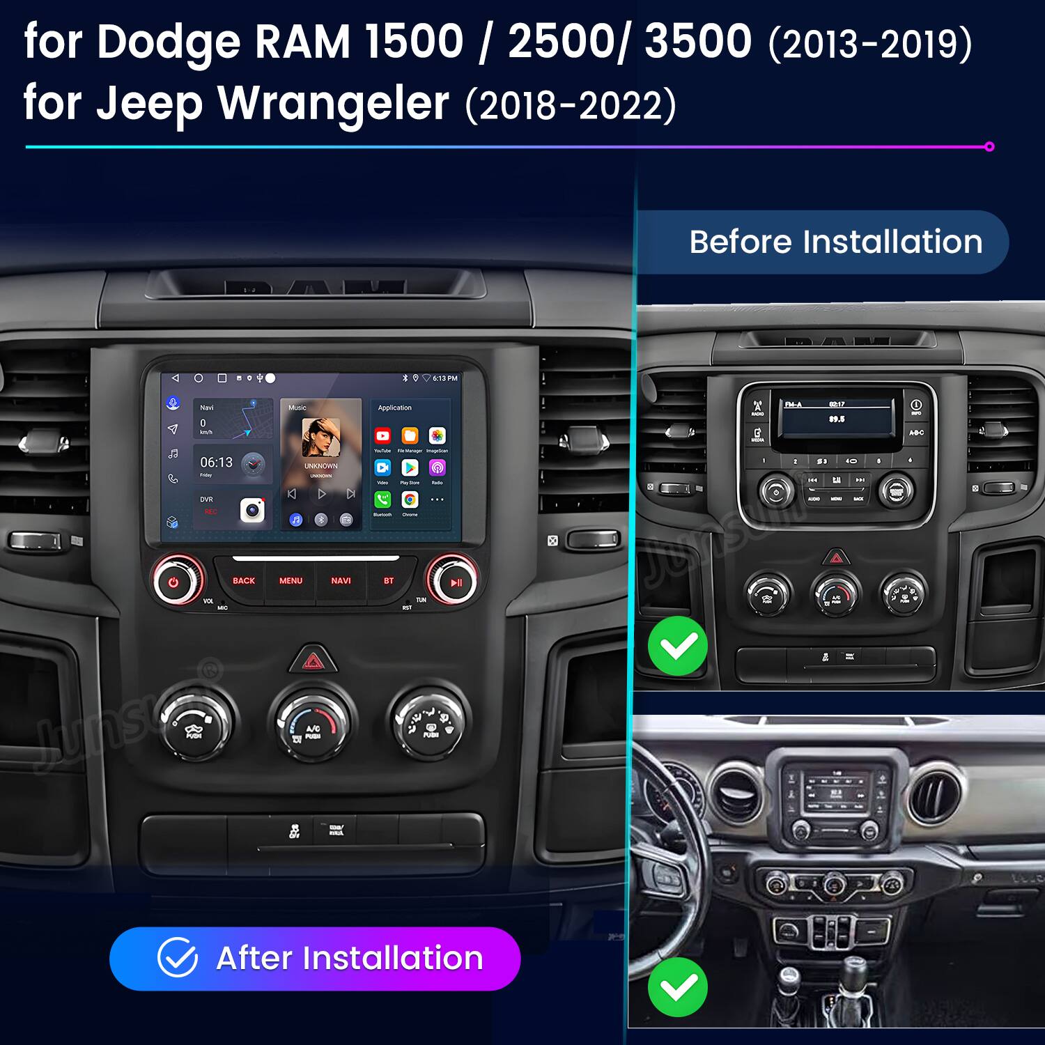 for Dodge RAM 1500 / 2500/ 3500 (2013-2019) for Jeep Wrangler (2018-2022)

Before Installation

After Installation
