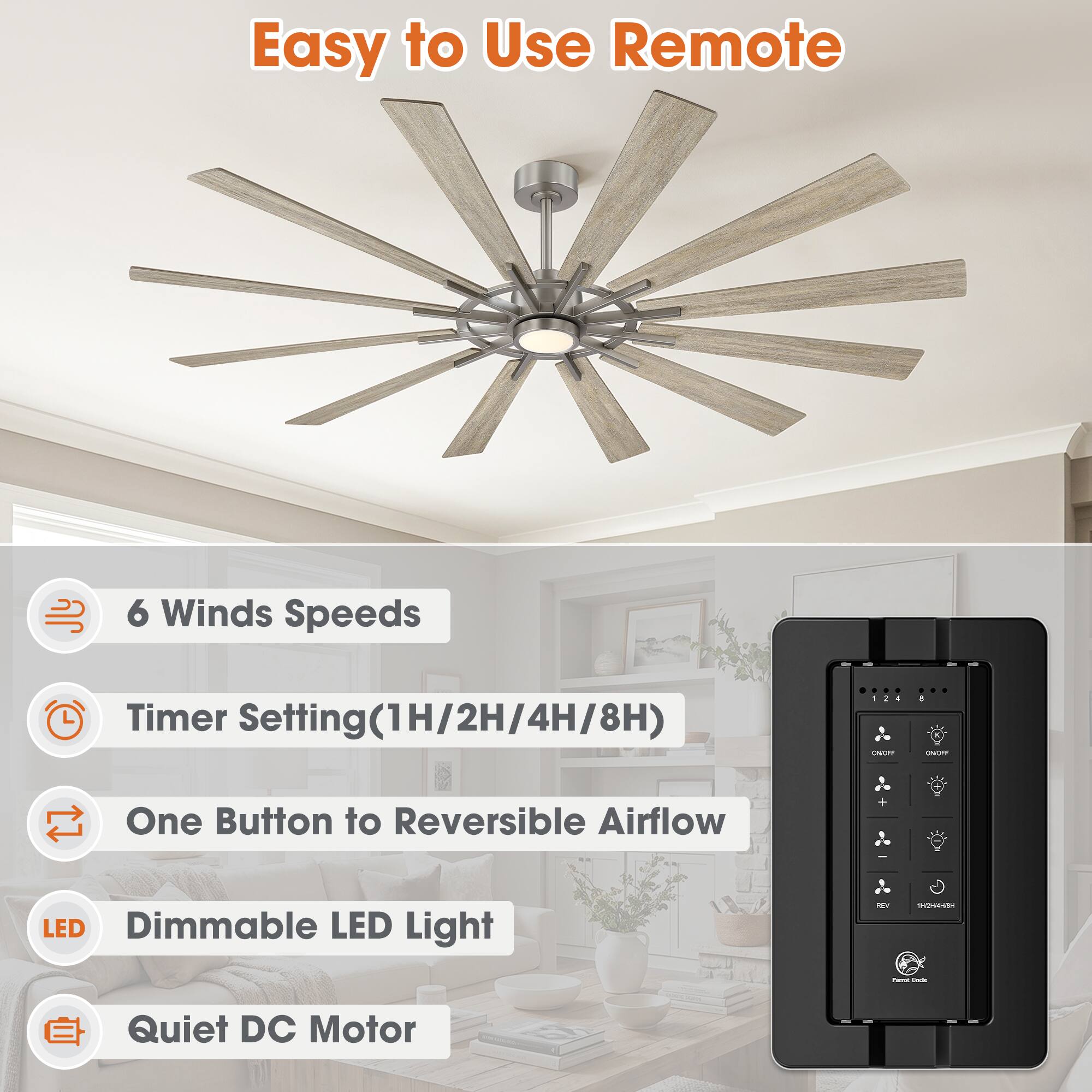 Easy to Use Remote

6 Winds Speeds

Timer Setting(1H/2H/4H/8H)

One Button to Reversible Airflow

Dimmable LED Light

Quiet DC Motor