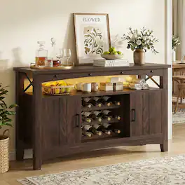 Aheaplus - Wine Cabinet with Charging Station and LED Lights, Liquor Cabinet with Movable Wooden Wine Rack - Walnut