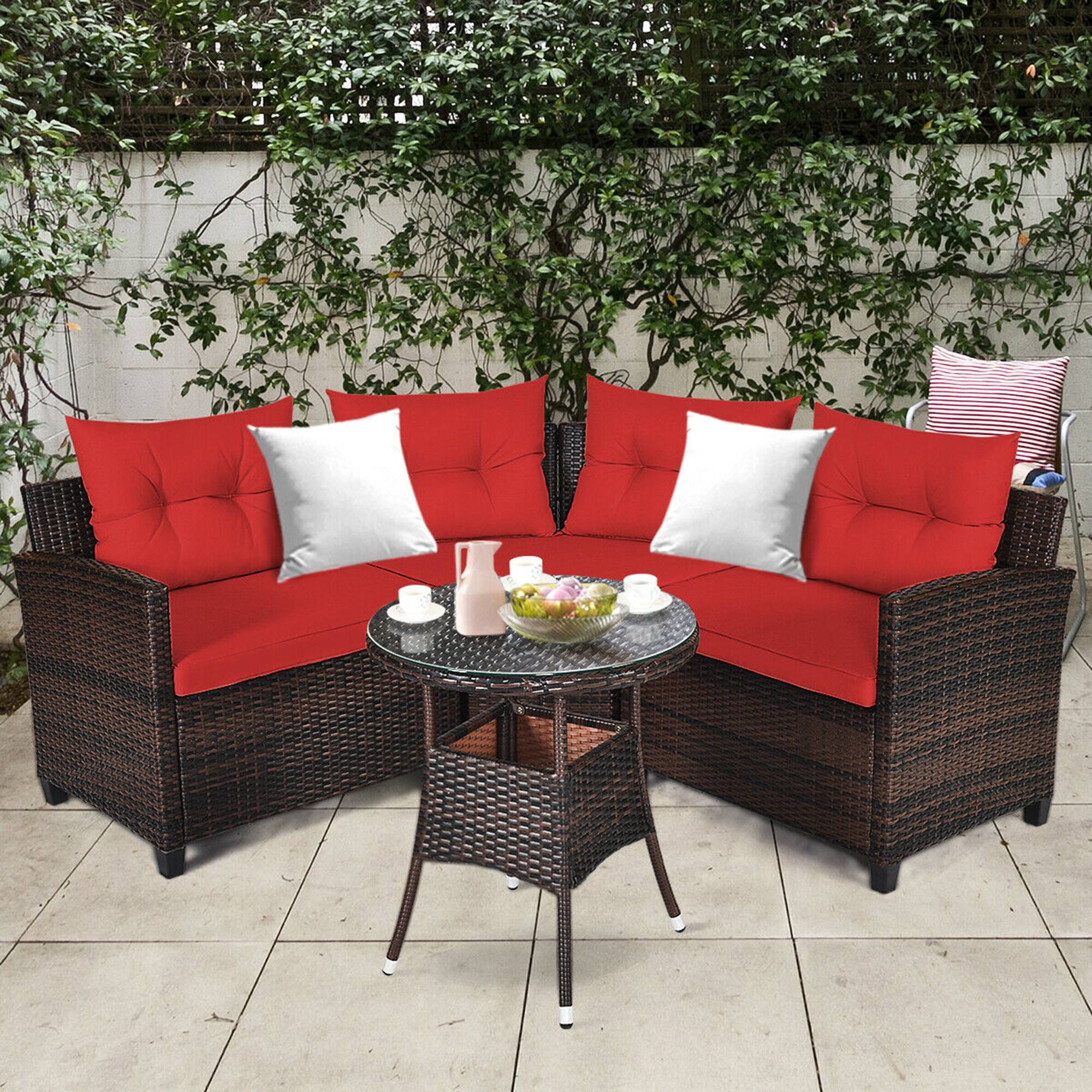 Gymax - 4PCS Patio Furniture Set Outdoor Rattan Sectional Sofa Set w/ Cushions - Red