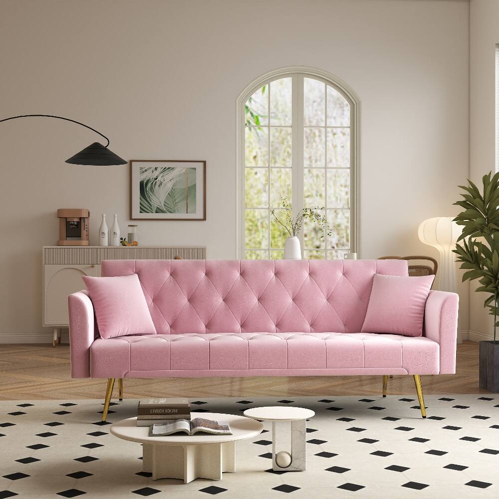 Angle. Loheer - Loheer Pink Sleeper Sofa Convertible 72 Inch Tufted Velvet Futon - Pink.