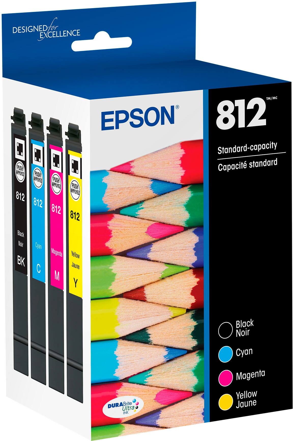 Designed Excellence Epson 812 Standard-capacity POSH Capacit standard Approved Push Poynt Push Approved 812 812 812 812 Black Cyan Magenta Yellow BK Jaune C M Y DURAB Brite Ultra INK Black Noir Cyan Magenta Yellow Jaune