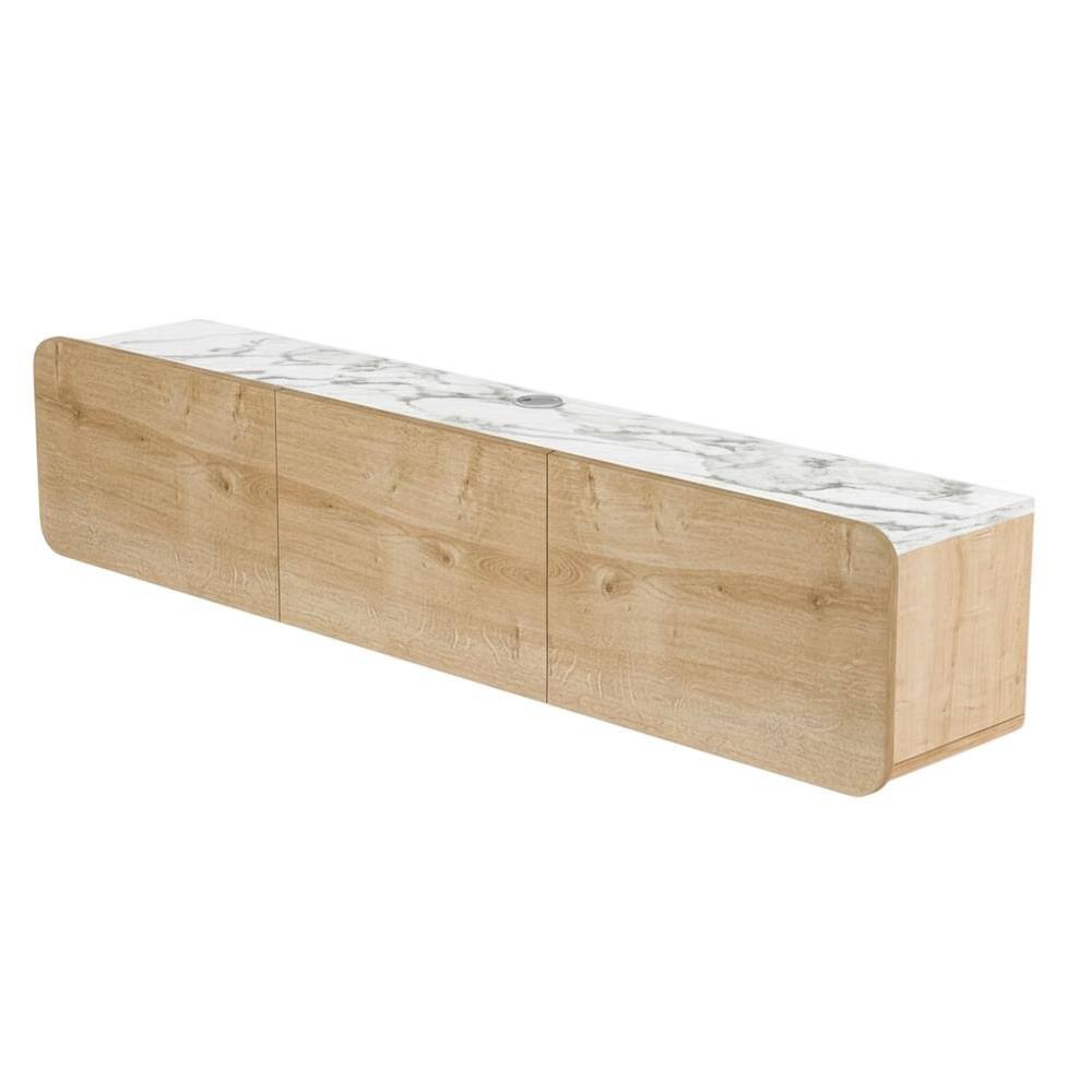 FurniFact - Wall Mounted Oval TV Stand in Walnut with Wooden Finish and Modern Design - Beige