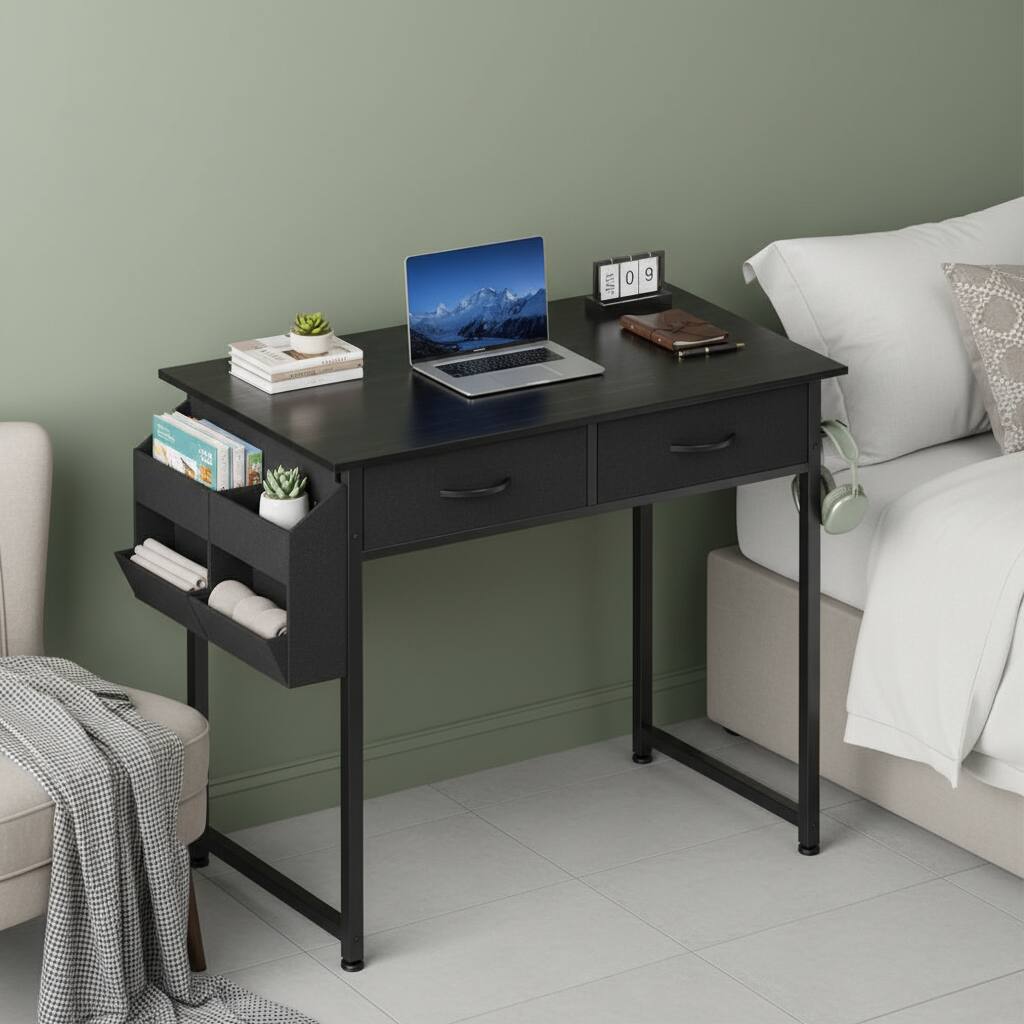 Alt View 5. AOITUN - Small Black Desk with 2 Fabric Drawers, Side Pocket & Hook, Compact Writing Table for Bedroom & Home Office - Black.