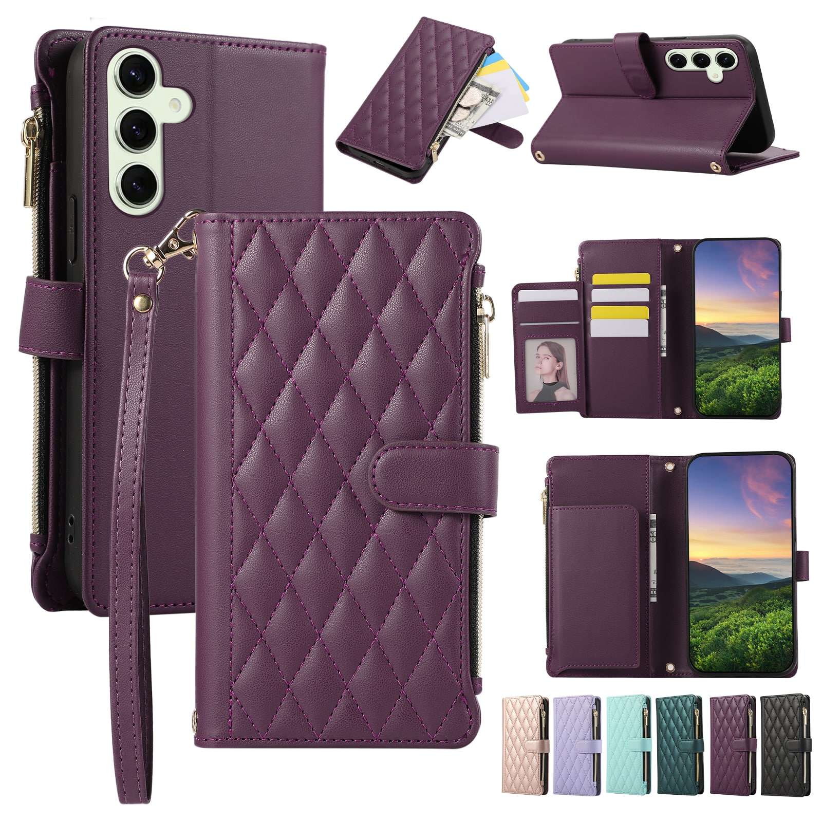 Dteck - Wallet Case for Samsung Galaxy S26 FE, PU Leather Flip Card Cash Slots Zipper Pocket Cover+Crossbody/Wrist Strap - Darkpurple