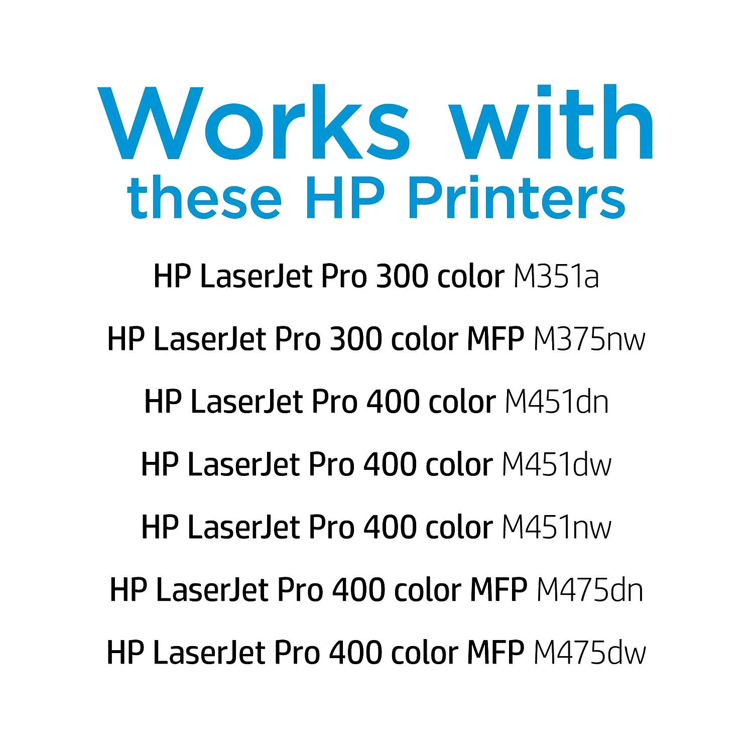 Works with these HP Printers

- HP LaserJet Pro 300 color M351a
- HP LaserJet Pro 300 color MFP M375nw
- HP LaserJet Pro 400 color M451dn
- HP LaserJet Pro 400 color M451dw
- HP LaserJet Pro 400 color M451nw
- HP LaserJet Pro 400 color MFP M475dn
- HP LaserJet Pro 400 color MFP M475dw