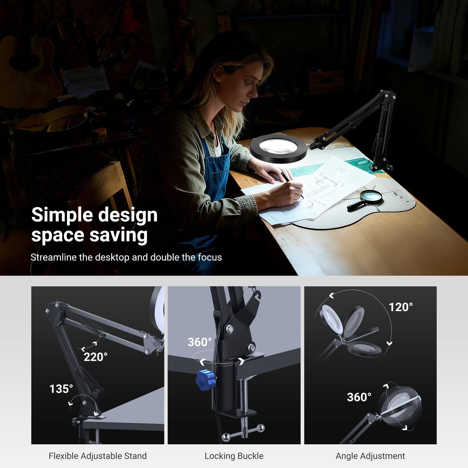Simple design space saving  
Streamline the desktop and double the focus  

Flexible Adjustable Stand  
135° 220° 360°  

Locking Buckle  

Angle Adjustment  
120° 360°
