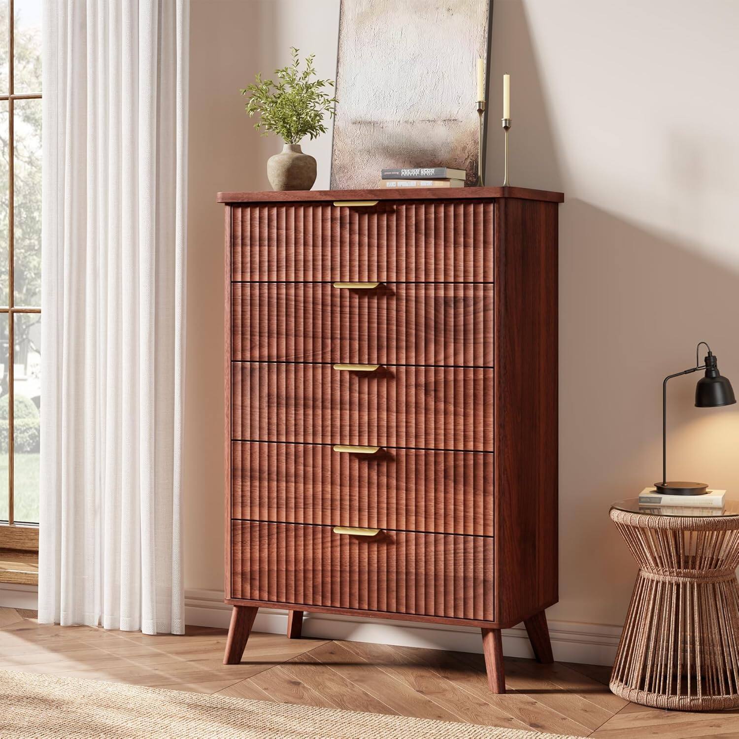 Acekool - Fluted 5-Drawer Dresser, 47.2" Tall Curved-Profile Wooden Bedroom Storage Chest, Walnut - Multi