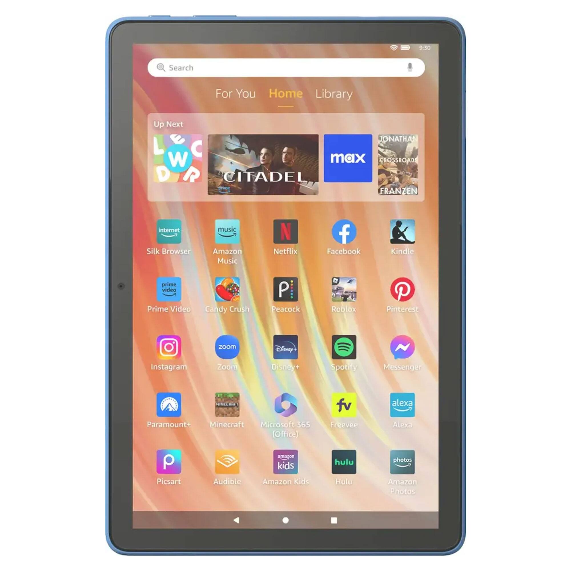 Sure, here is the corrected and grouped text from the image:

---

**Top Bar:**
- 9:50
- Search
- For You
- Home
- Library

**Up Next:**
- L W D R
- CITADEL
- max
- JONATHAN
- CROSSROAD
- FRANZEN

**App Icons:**
- Silk Browser
- Amazon Music
- Netflix
- Facebook
- Kindle
- Prime Video
- Candy Crush
- Peacock
- Pinterest
- Instagram
- Zoom
- Disney+
- Spotify
- Messenger
- Paramount+
- Minecraft
- Microsoft 365 (Office)
- Freevee
- Alexa
- Picsart
- Audible
- Amazon Kids
- Hulu
- Amazon Photos

---