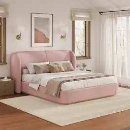 Whisen - King Size Platform Bed with Fabric Upholstered Headboard and Wing Side for Bedroom - Pink