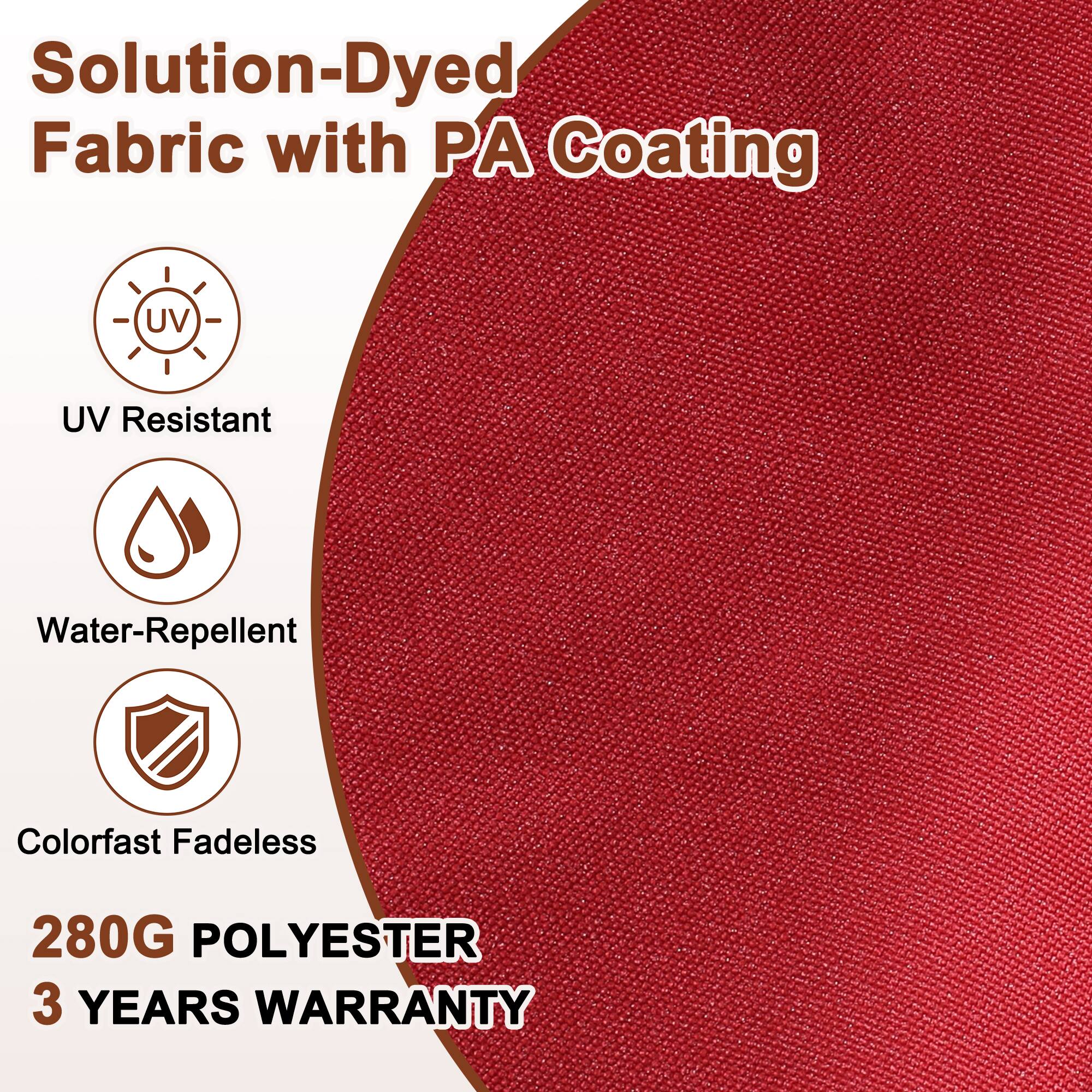 Solution-Dyed Fabric with PA Coating

- UV Resistant
- Water-Repellent
- Colorfast Fadeless

280G POLYESTER

3 YEARS WARRANTY