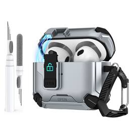 Dteck - For Airpods 5th/4th Gen Rugged Secure Lock Shockproof Case With Keychain+Clean Pen - Gray