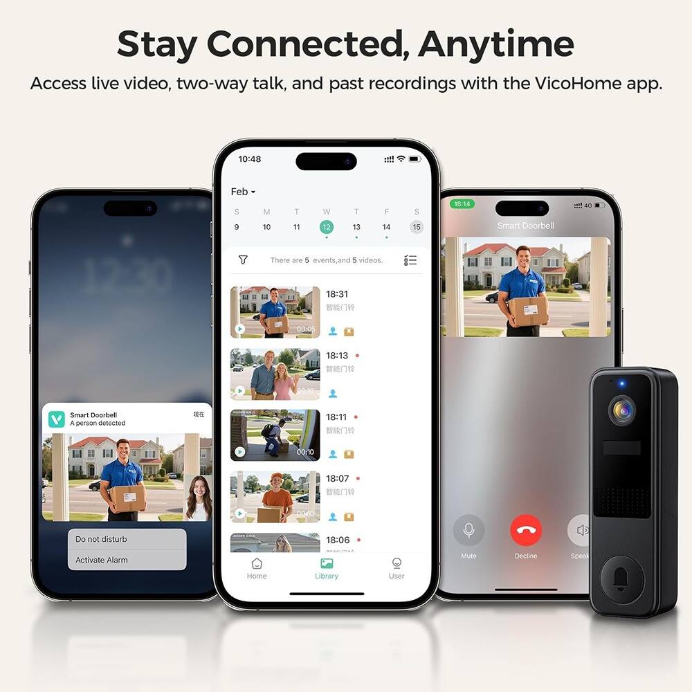 Stay Connected, Anytime  
Access live video, two-way talk, and past recordings with the VicoHome app.

10:48  
Feb 5  
There are 5 events, and 5 videos.

18:14  
Smart Doorbell

18:31  
A person detected

18:13  
A person detected

18:11  
A person detected

18:07  
Do not disturb

18:06  
Activate Alarm

Home  
Library  
User

Mute  
Decline  
Speak