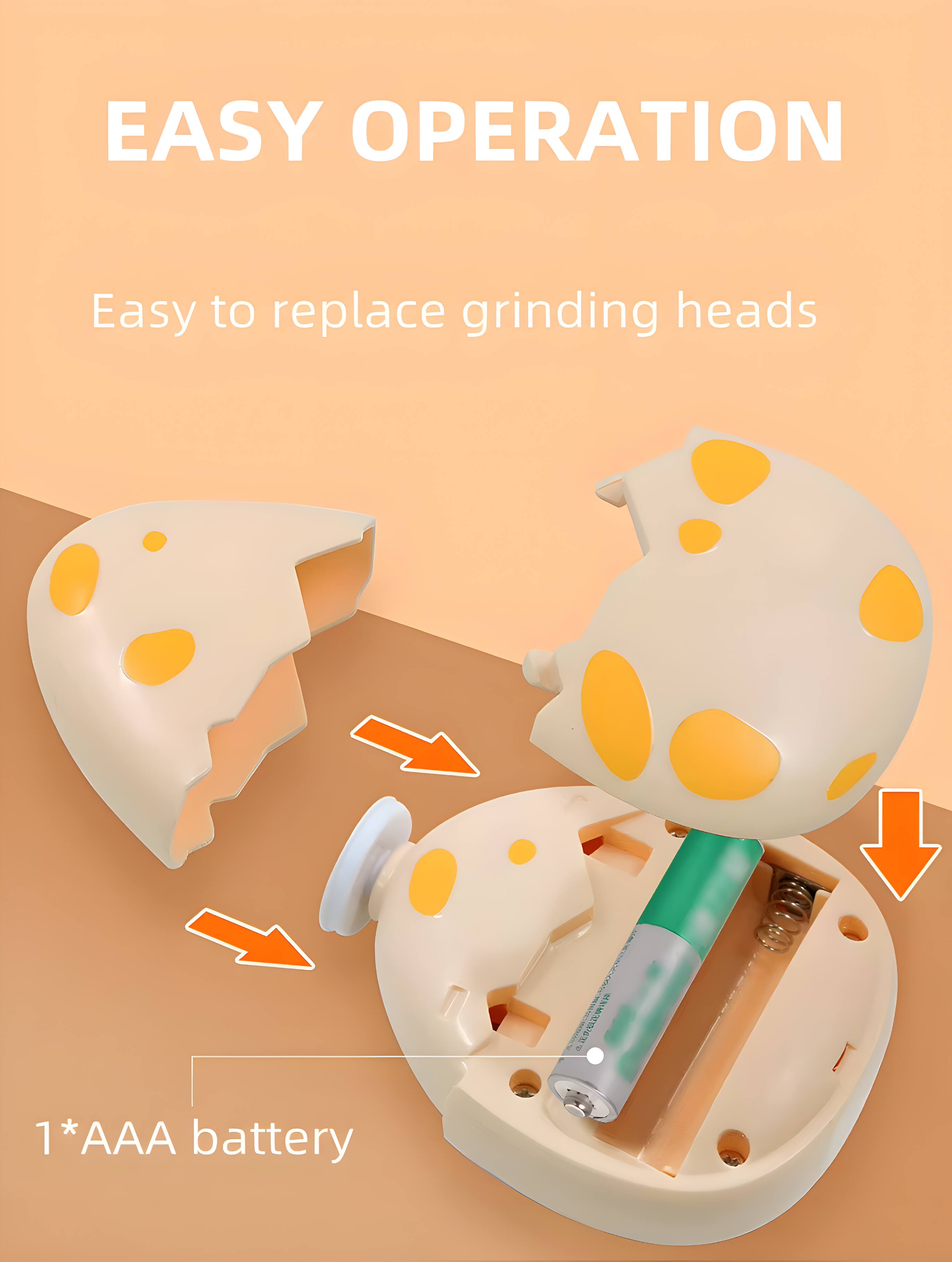 EASY OPERATION  
Easy to replace grinding heads  
1*AAA battery