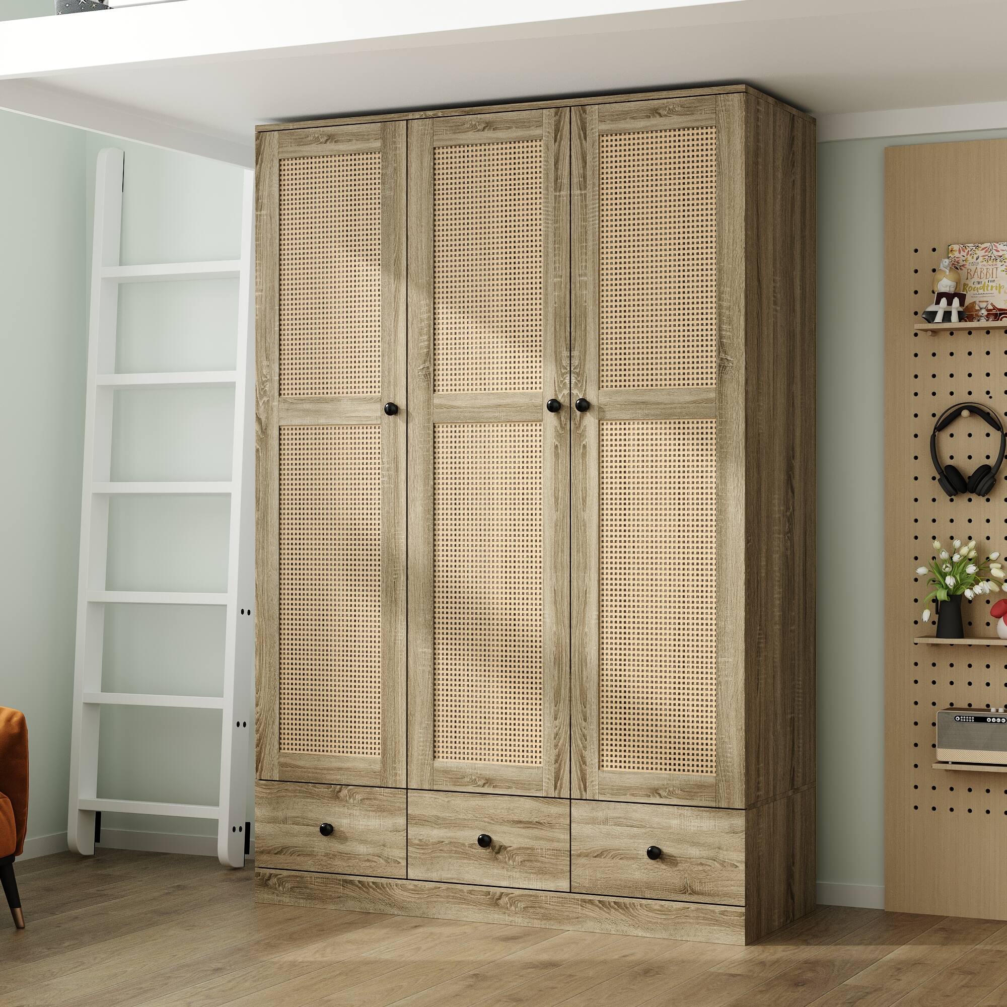 Back. Famapy - Woven Rattan 3-Door Wardrobe with Large Hanging Space, Shelves & Drawers for Bedroom Storage - Wooden.