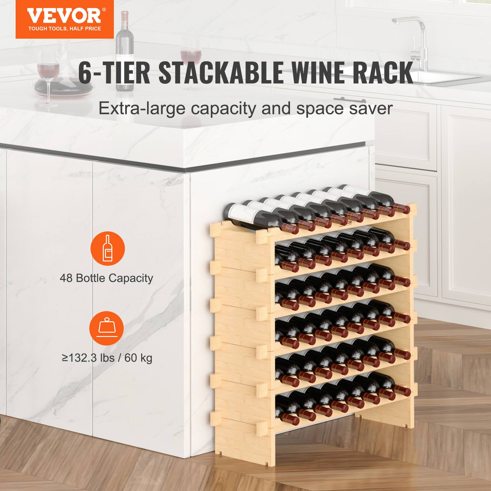 VEVOR  
TOUGH TOOLS, HALF PRICE  

6-TIER STACKABLE WINE RACK  
Extra-large capacity and space saver  

48 Bottle Capacity  
≥132.3 lbs / 60 kg