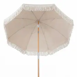 Costway - 6 FT Patio Umbrella with Fringe, Push Button Tilt, 8 Sturdy Ribs, Wood Pole - White