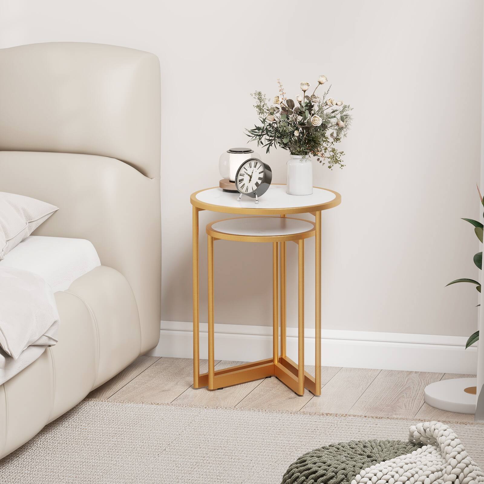 Alt View 8. Costway - Costway Round Nesting Table Set of 2 Modern Side End Table Space-saving V-shaped Base - White,Gold.