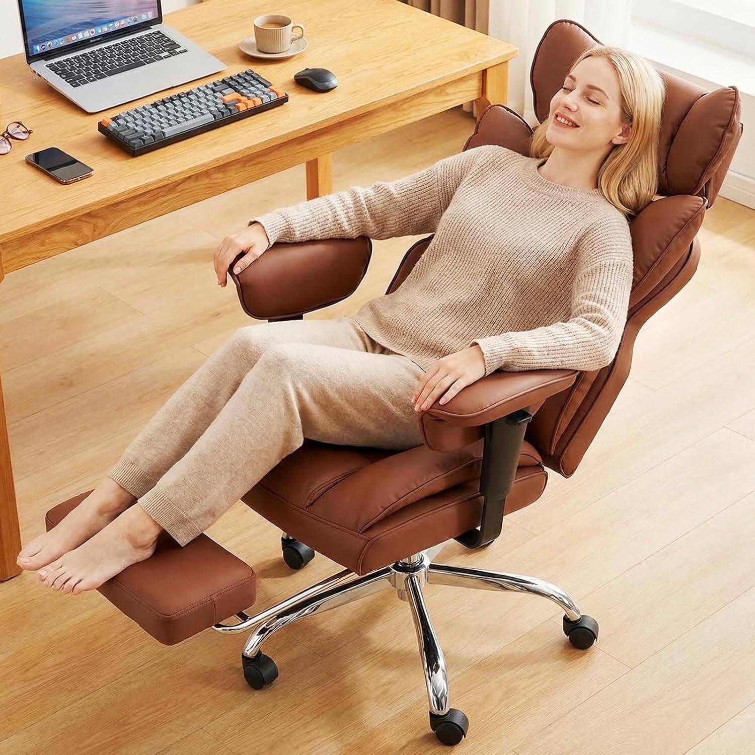 Angle. Sweet - High Back Executive Office Chair with Footrest and Adjustable Armrests , Big and Tall PU Leather Gaming Chair, Brown - Brown.