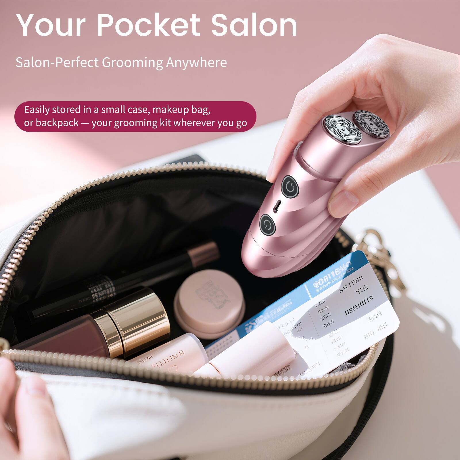 Your Pocket Salon  
Salon-Perfect Grooming Anywhere  
Easily stored in a small case, makeup bag, or backpack — your grooming kit wherever you go