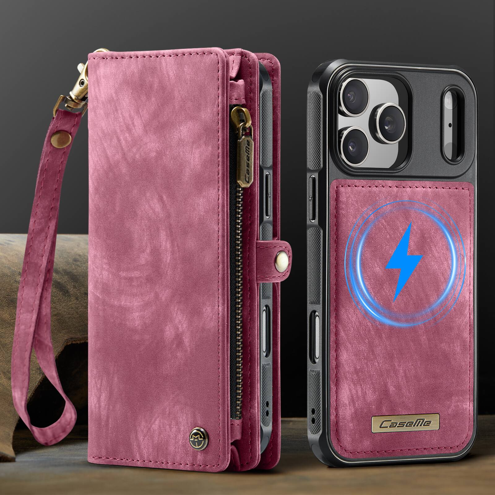 Alt View 7. UUCOVER - Detachable Magnetic Zipper Wallet Case for Apple iPhone 17 Pro Max with RFID Card Slots and Wrist Strap, Flip Kickstand - Red.