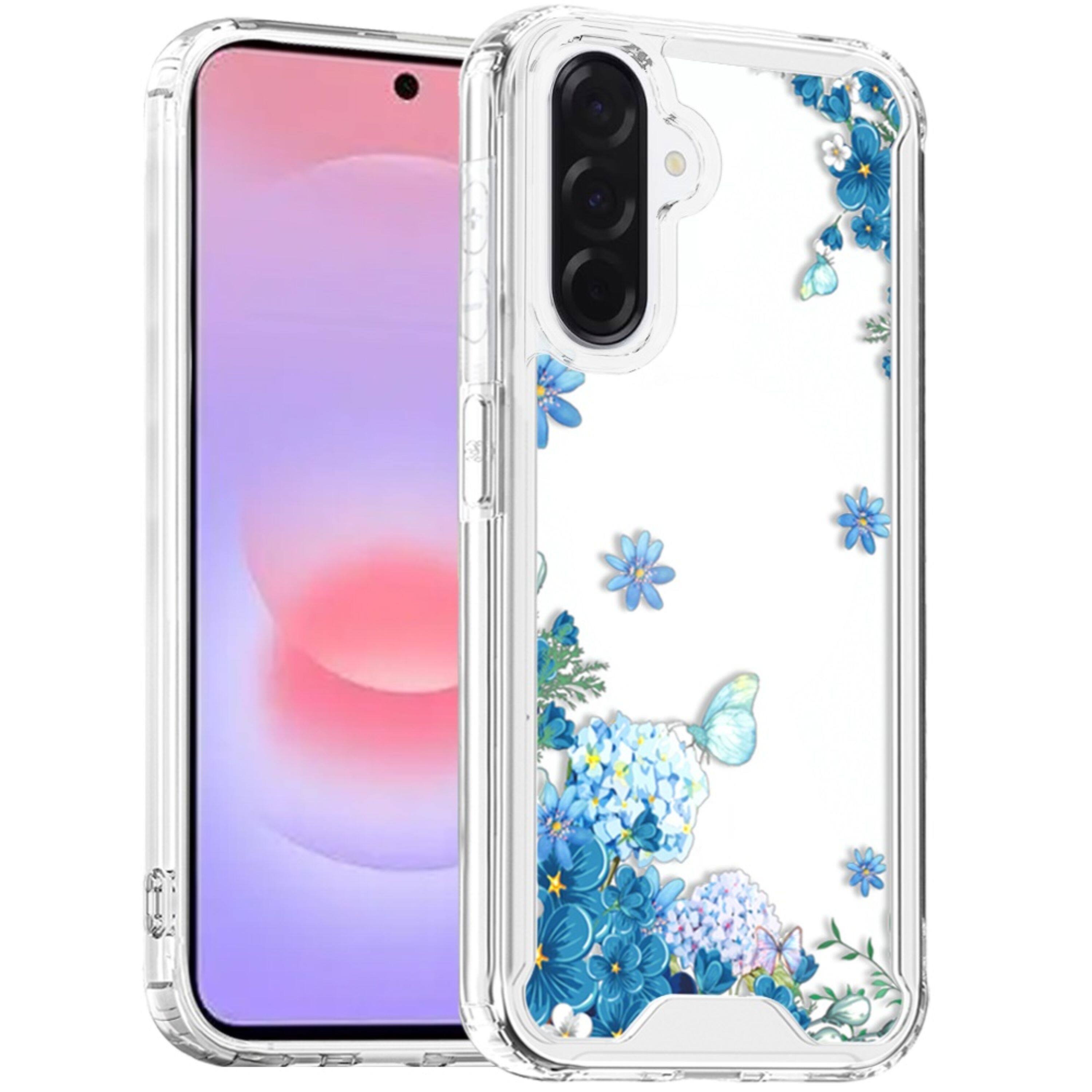 Angle. Kitcheniva - Cute Printed Design Clear TPU Phone Cover With Tempered Glass For Samsung Galaxy A37 Blue Floral Cascade - Multicolor.