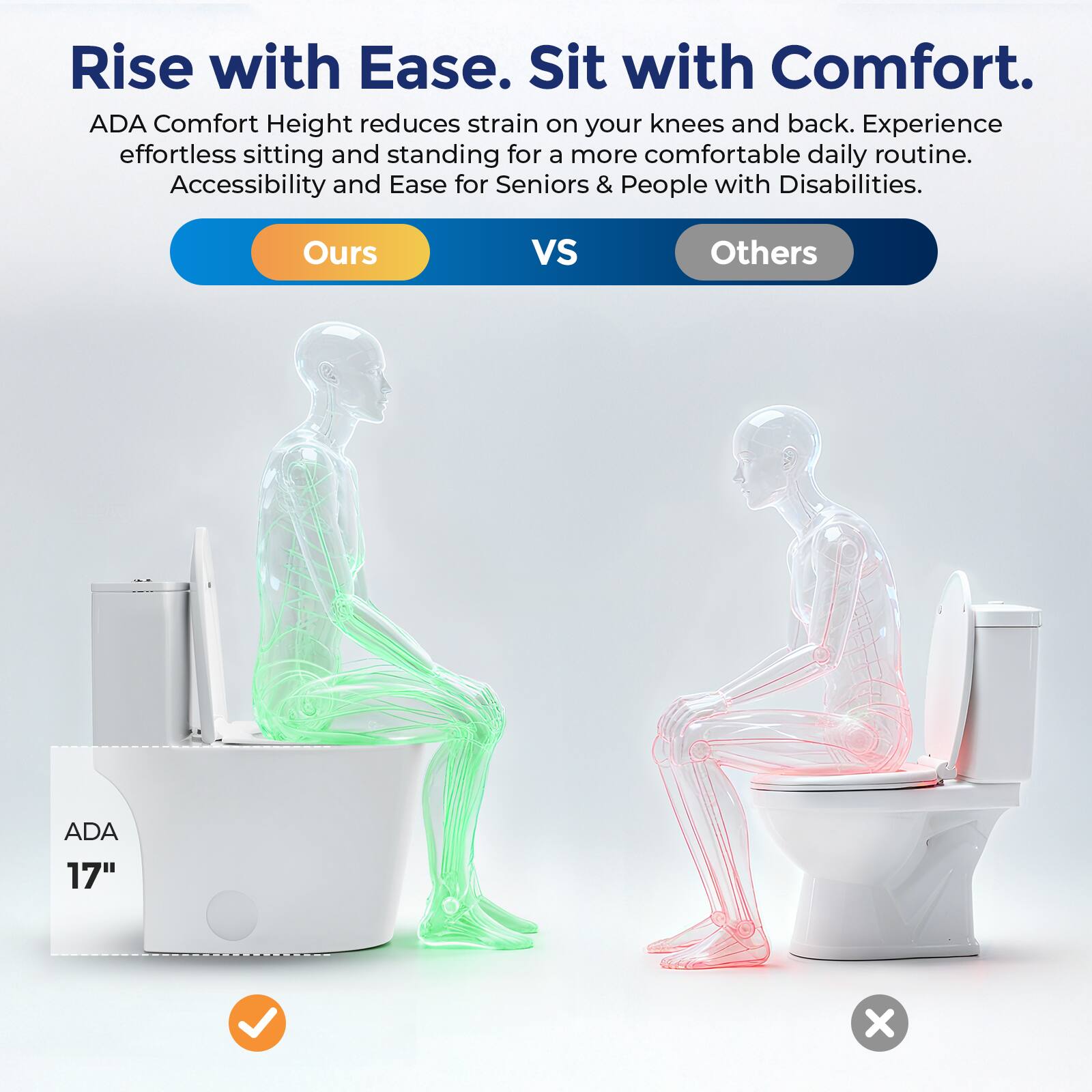Rise with Ease. Sit with Comfort.

ADA Comfort Height reduces strain on your knees and back. Experience effortless sitting and standing for a more comfortable daily routine. Accessibility and Ease for Seniors & People with Disabilities.

Ours vs Others

ADA 17"
