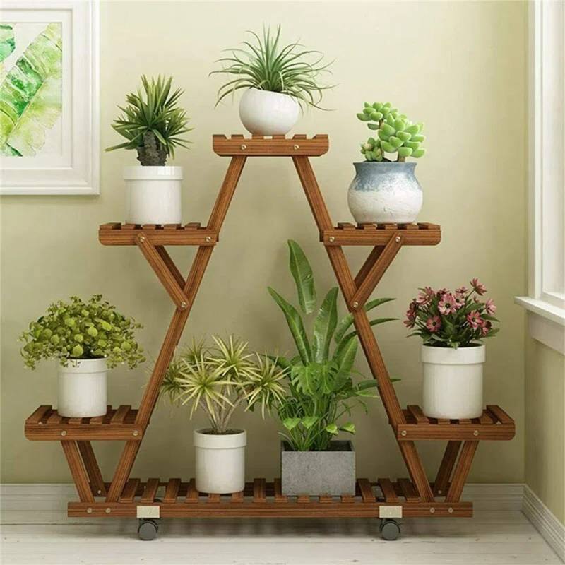 Angle. SlickBlue - Indoor Outdoor Multi-Tier Triangular Solid Wood Plant Stand with Wheels - Dark Brown.