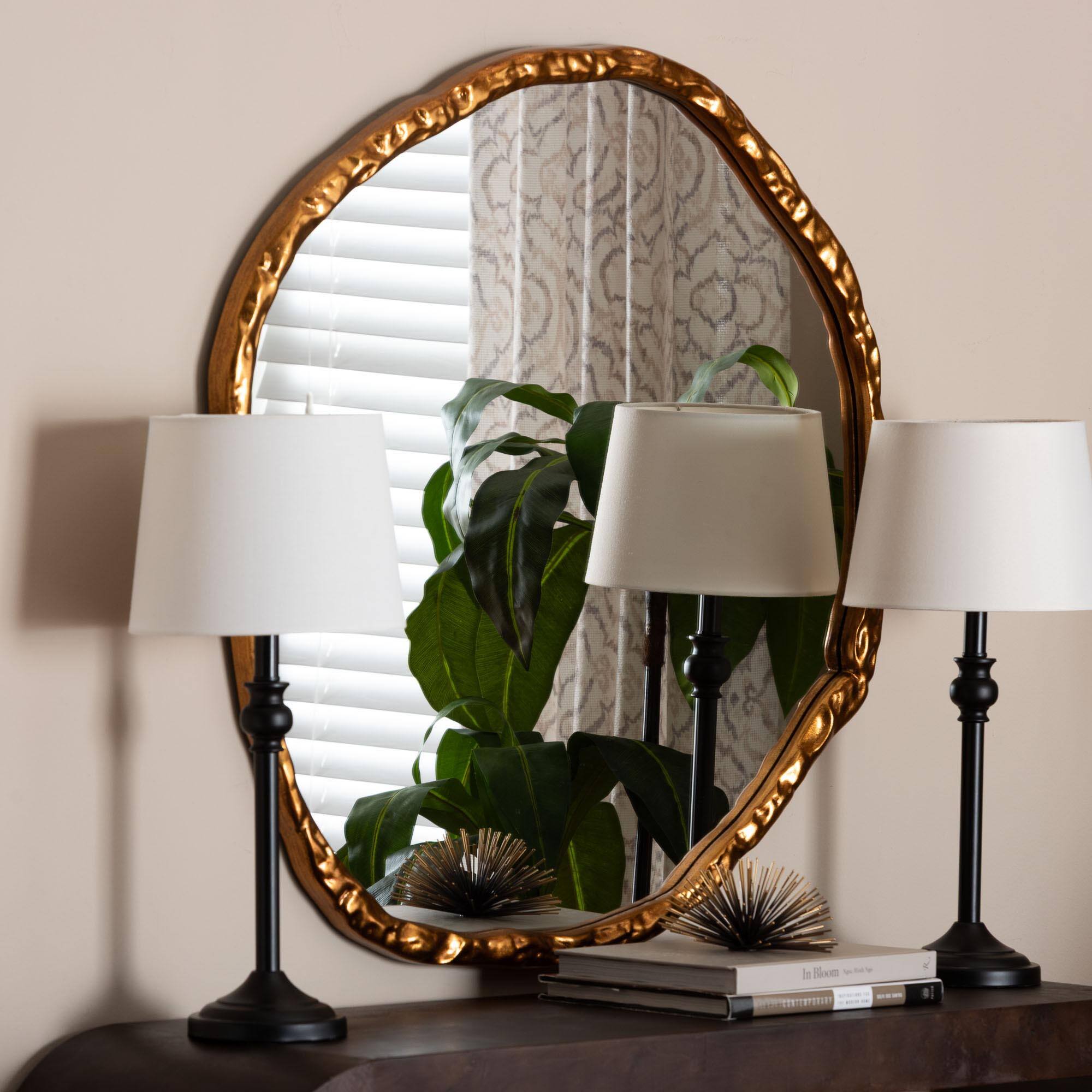 Left. Baxton Studio - Urania Wall Mirror - Irregular Shape Accent Mirror with Antique Goldleaf Frame, Modern Glam Accent - Antique Goldleaf.