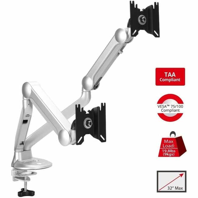 SIIG Inc - SIIG MTPRO Desk Mount Dual Gas Spring Monitor Arm - up to 32" Display - Max. Load 19.8 lbs - VESA 75 & 100mm - Desk - Silver