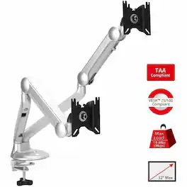 SIIG Inc - SIIG MTPRO Desk Mount Dual Gas Spring Monitor Arm - up to 32" Display - Max. Load 19.8 lbs - VESA 75 & 100mm - Desk - Silver