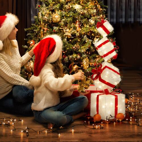 Alt View 10. Winado - 4PCS Christmas Gift Boxes Pre-lit Stacked Present Boxes Tower with LED Light for Indoor Outdoor Holiday Party Decoration - Red & White.