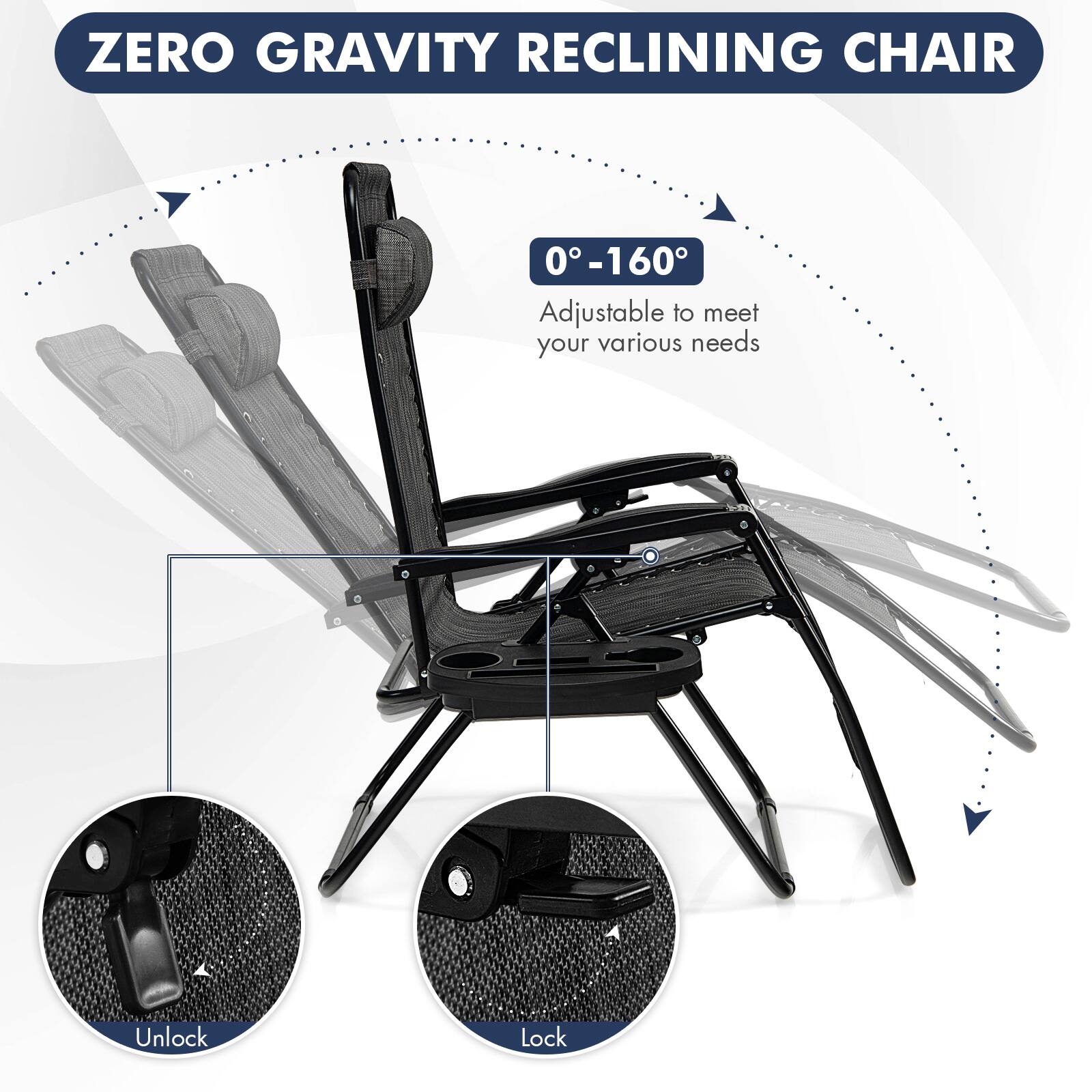 ZERO GRAVITY RECLINING CHAIR

0-160°
Adjustable to meet your various needs

Unlock
Lock