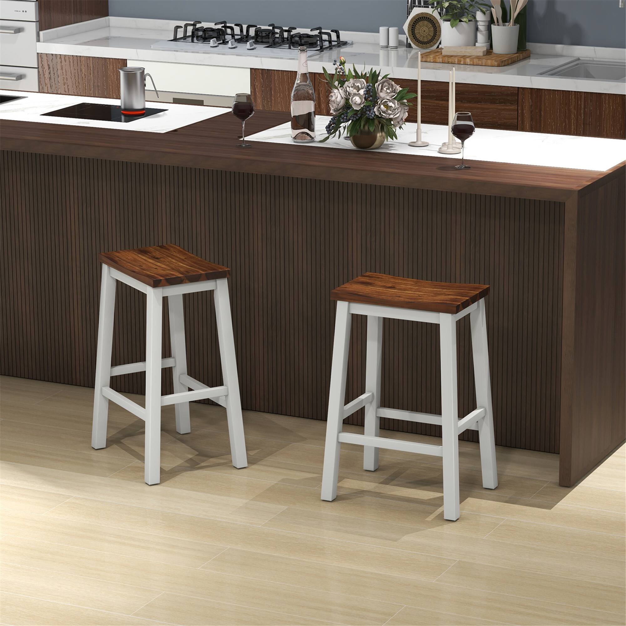 Alt View 4. Gymax - Gymax 24.5 Inch Set of 2 Saddle Stools Industrial Counter Height Stools w/ Footrests - Gray, Walnut.