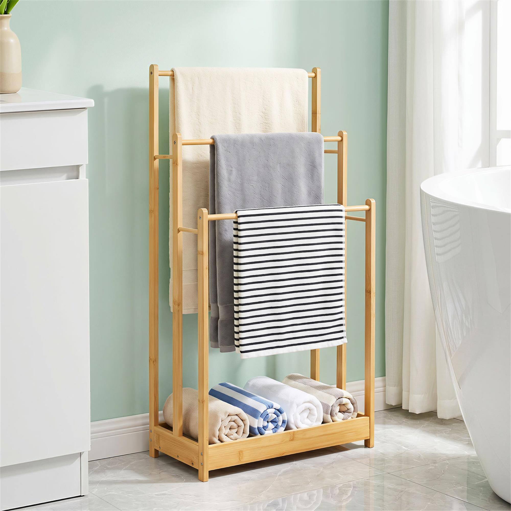Alt View 2. Boyel Living - Natural 3 Tier Freestanding Bamboo Towel Rack with Storage Shelf - Natural.
