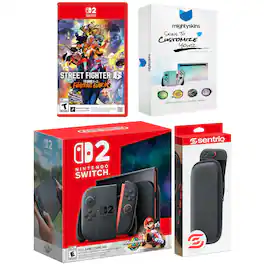 Switch 2 + Mario Kart World, Street Fighter 6, MightySkins Code and Protective Case Bundle - Nintendo Switch 2