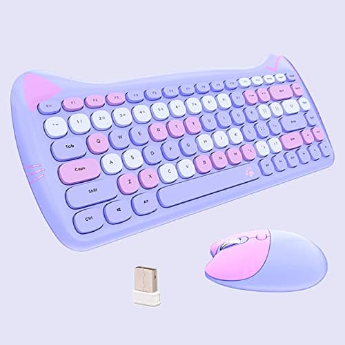 Cozy Serene - Cute Cat Usb Wireless And Mouse Combo Silent Keys Candy Colors Compatible With Notebook Pc Cute Cat Theme Design Cute - Purple-84Keys
