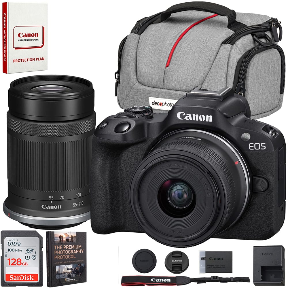 Canon AUTHORIZED DEALER PROTECTION PLAN

decophoto Canon

Canon 55-210

Canon RPS18 45mm LENS 14.5-6.3 NOND IS STM

EOS

www.pe

SanDisk Ultra 100 MB/s 128GB

THE PREMIUM PHOTOGRAPHY PROTOCOL

Canon

Canon INTIERY BACK 8 HOTO

Canon CHARD

SanDisk

2000 SSINTAL3
