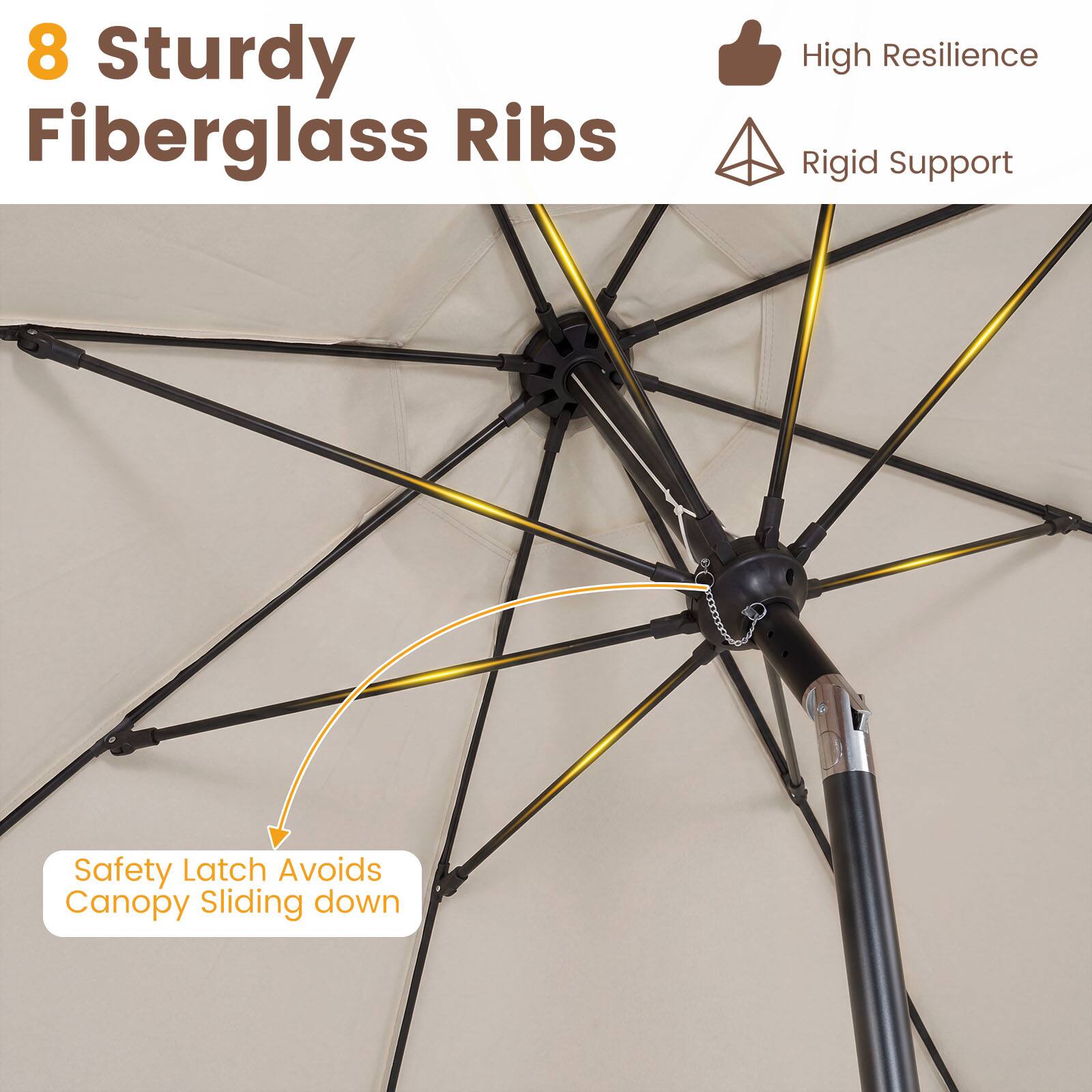 8 Sturdy Fiberglass Ribs  
High Resilience  
Rigid Support  
Safety Latch Avoids Canopy Sliding down