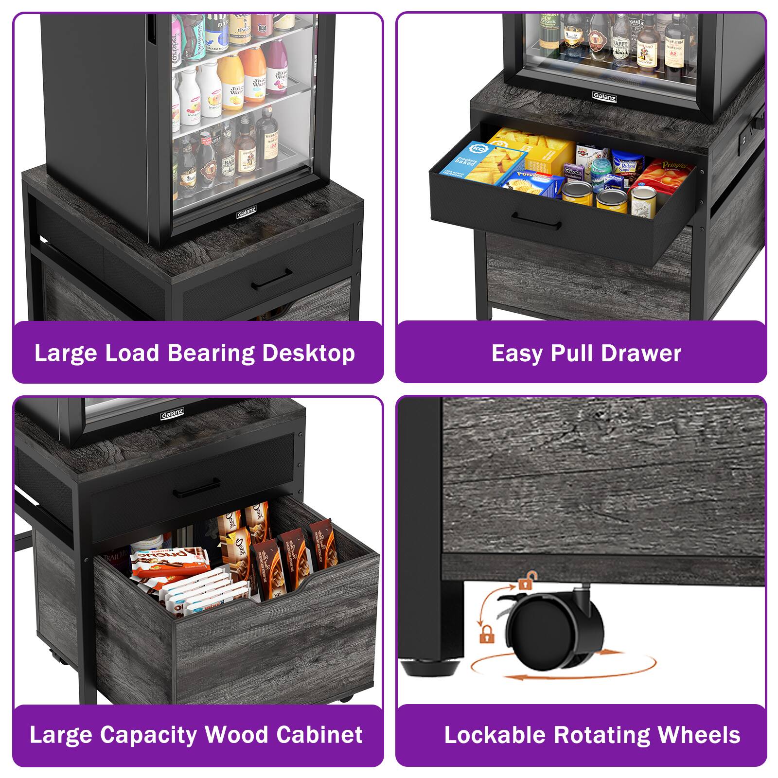 - Large Load Bearing Desktop
- Easy Pull Drawer
- Large Capacity Wood Cabinet
- Lockable Rotating Wheels