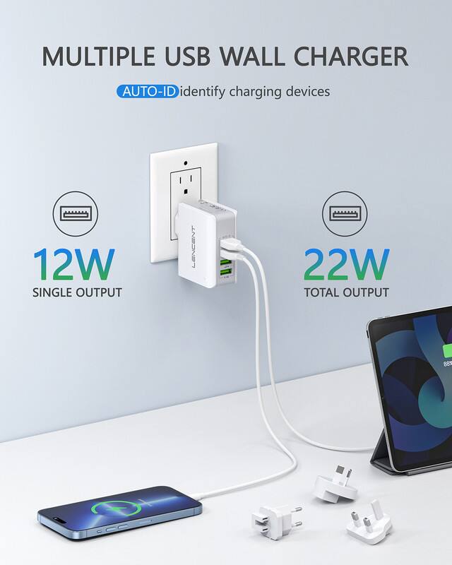 MULTIPLE USB WALL CHARGER  
AUTO-ID identify charging devices  
12W SINGLE OUTPUT  
22W TOTAL OUTPUT  
88%