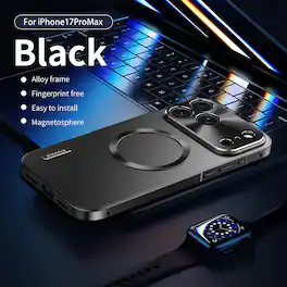 Dteck - Aluminum Metal Frame PC Back Drop Protection Shockproof Mag Safe Case Camera Lens Cover For Apple iPhone 17 Pro Max - Black