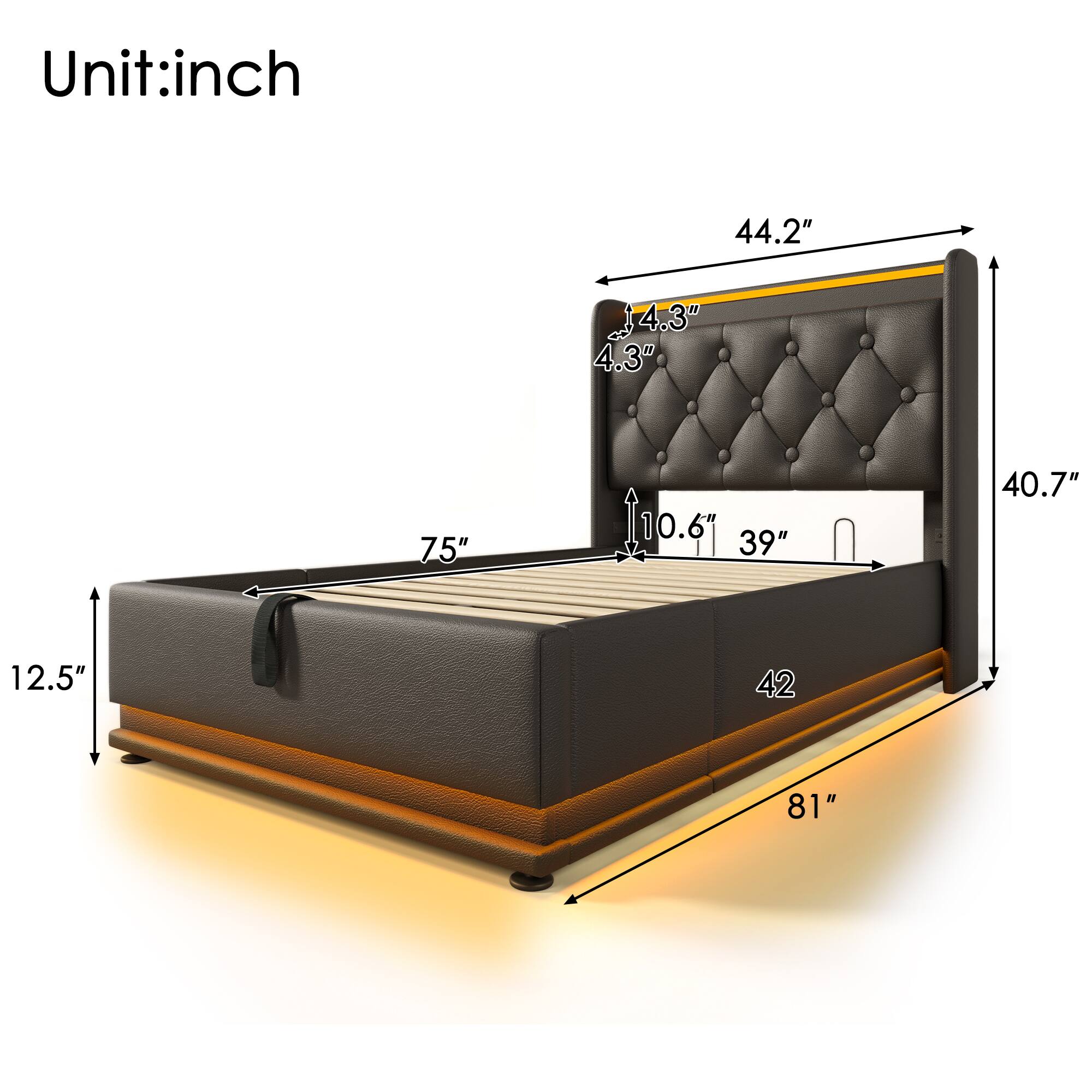 Unit: inch  
44.2"  
4.3"  
4.3"  
75"  
10.6"  
39"  
40.7"  
12.5"  
42  
81"