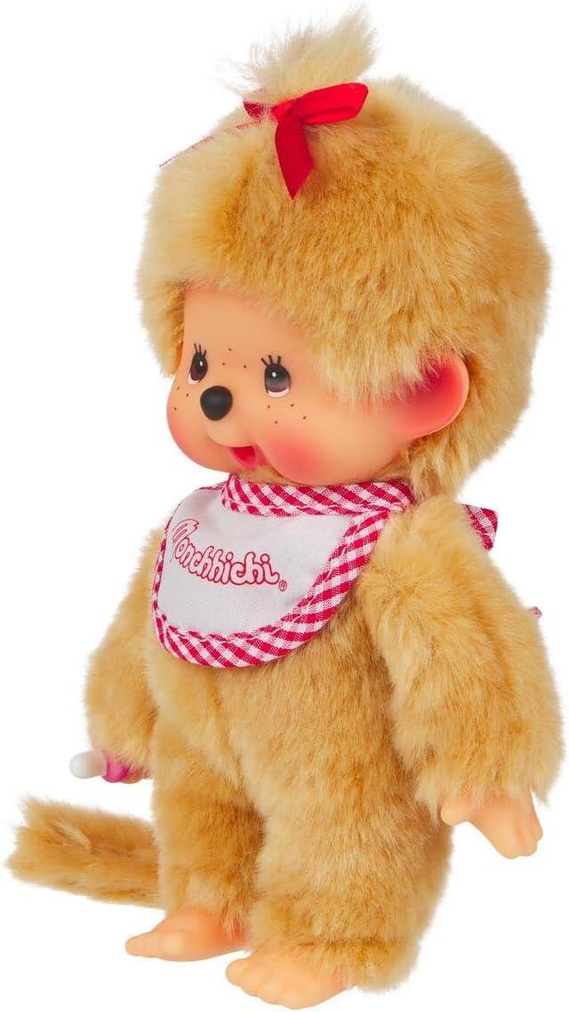 Alt View 2. Monchhichi - Monchhichi: Beige Girl Plush Toy - Red Bib.