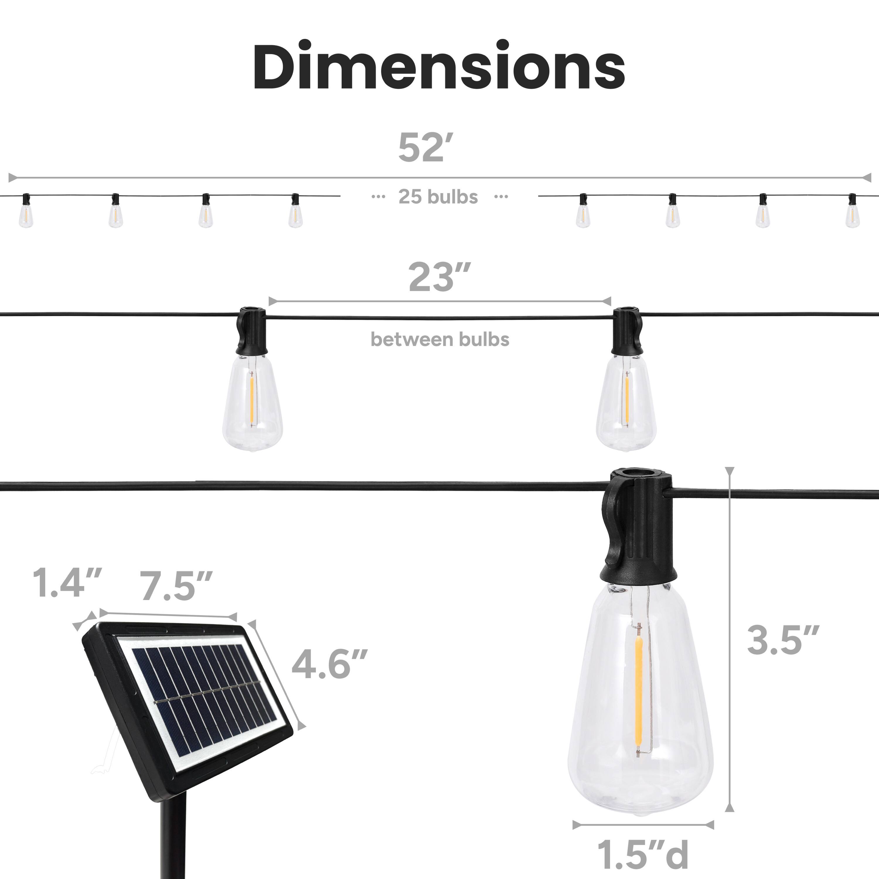Dimensions

52'  
... 25 bulbs ...  
23" between bulbs  
1.4" 7.5"  
4.6"  
3.5"  
1.5"d