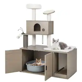 Gymax - Cat Tree with Litter Box Enclosure 2-in-1 Modern Cat Tower with Cat Condo