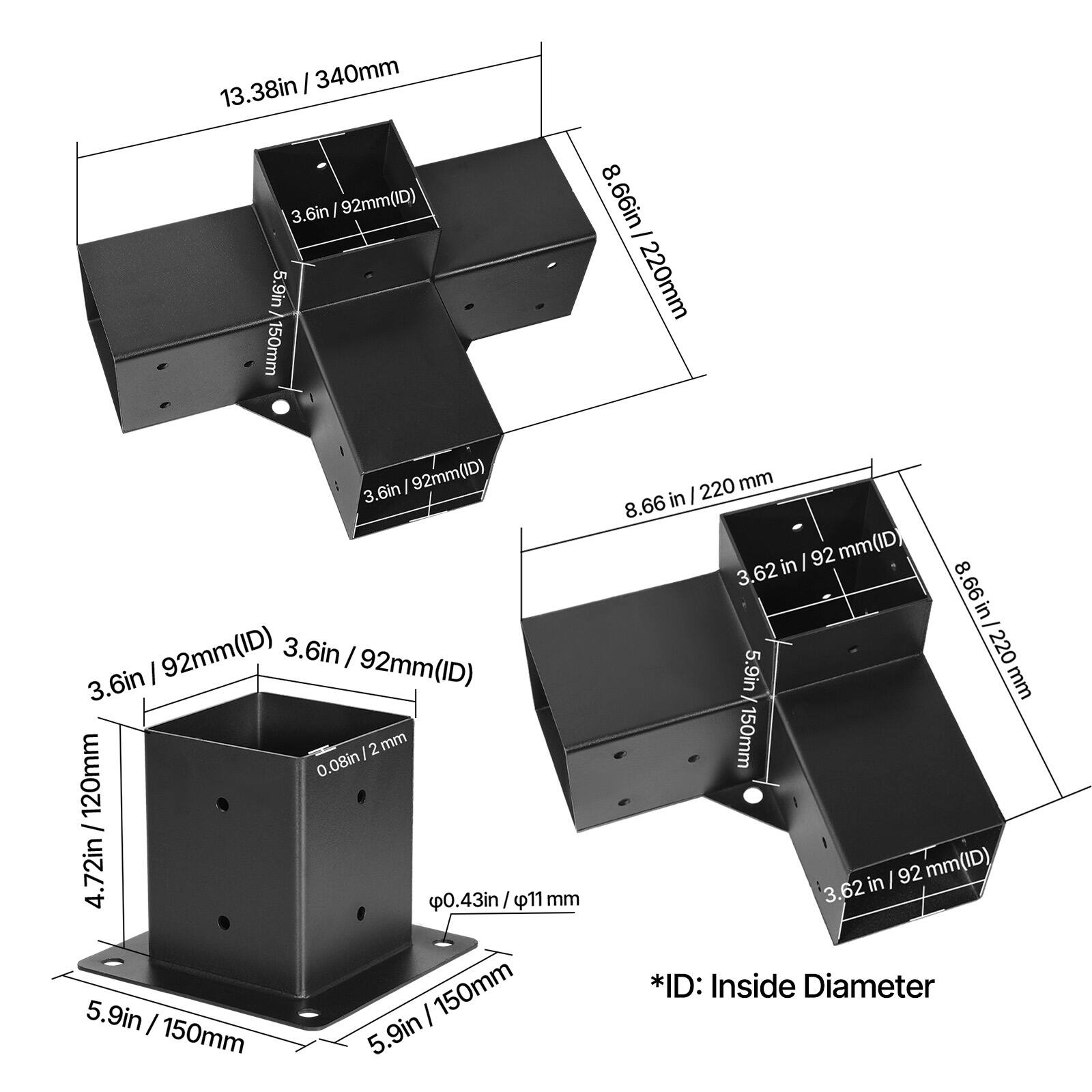 - 13.38in / 340mm
- 8.66in / 220mm
- 5.9in / 150mm
- 3.6in / 92mm (ID)
- 3.62in / 92mm (ID)
- 4.72in / 120mm
- 0.08in / 2mm
- φ0.43in / φ11mm
- 5.9in / 150mm
- *ID: Inside Diameter