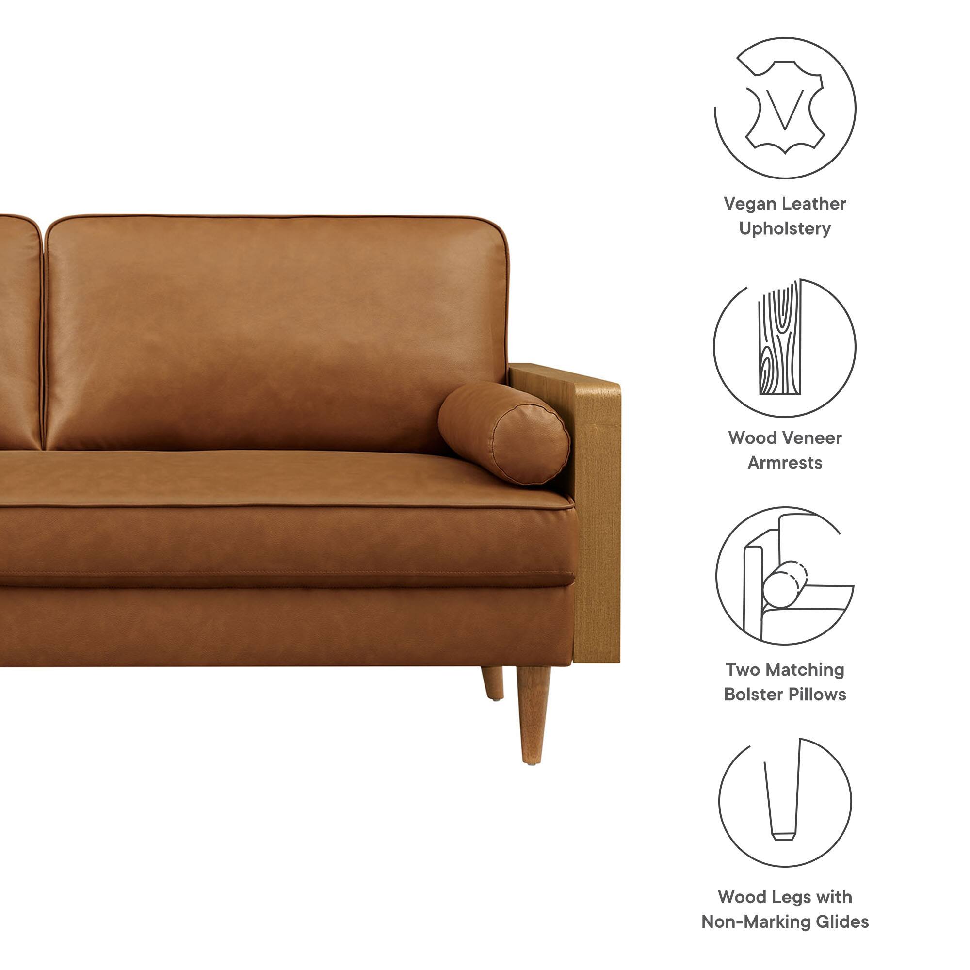 - Vegan Leather Upholstery
- Wood Veneer Armrests
- Two Matching Bolster Pillows
- Wood Legs with Non-Marking Glides
