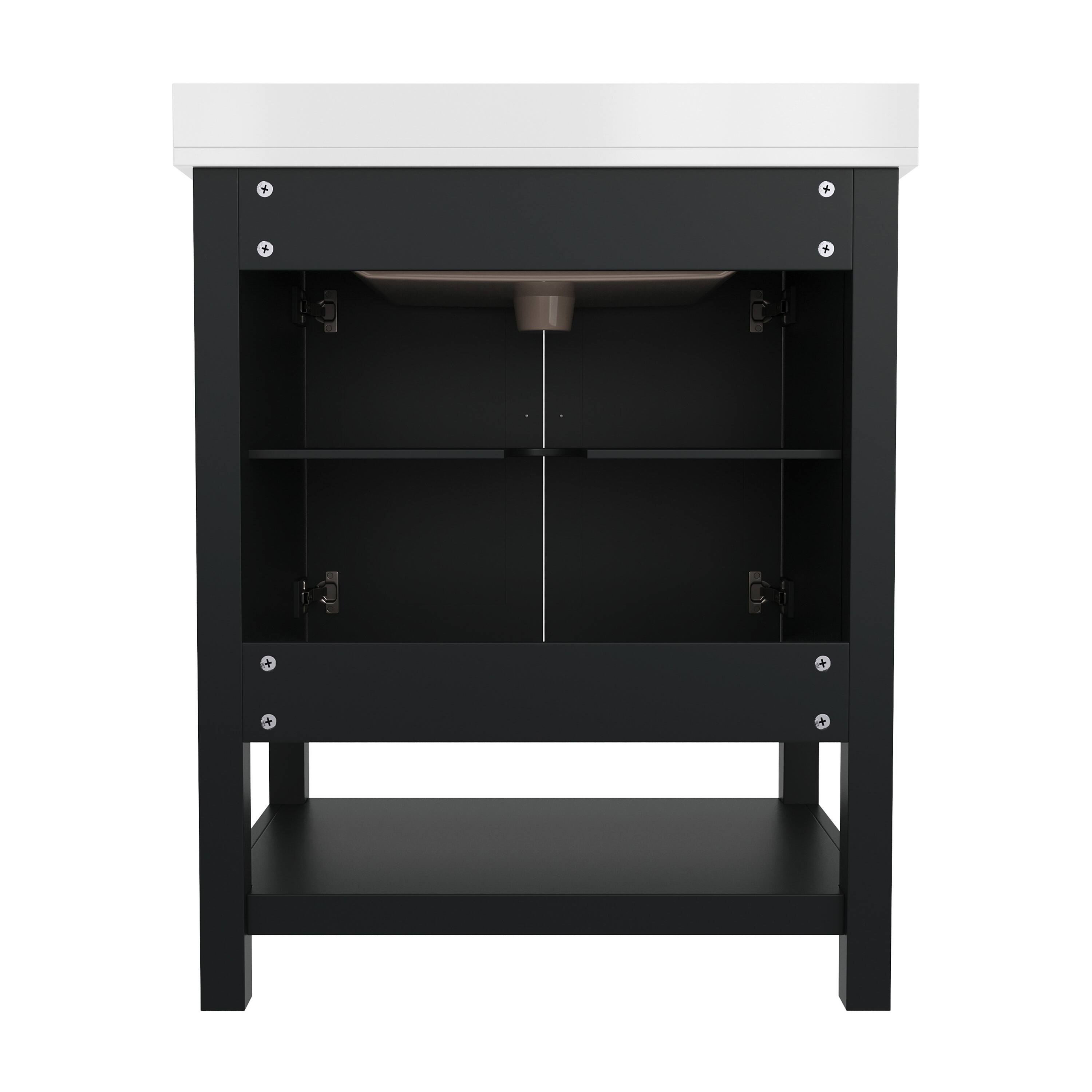 Alt View 4. Emma + Oliver - Vesta Bathroom Vanity, Single Sink Cabinet with 2 Soft Close Doors and Open Shelf, Carrara Marble Finish Countertop - Black Frame/Black Hardware.